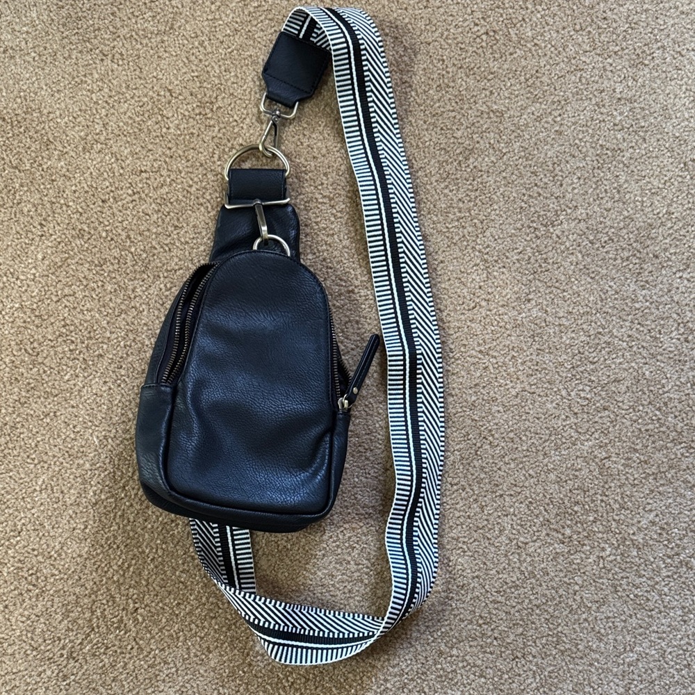 Anthropologie Black Leather Crossbody Sling Bag with Patterned Strap